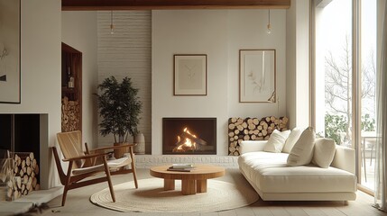 Cozy minimalist living room, white brick fireplace, neutral color palette, large windows, natural light, wooden accents, potted plant, round coffee table, textured rug, modern furniture, Scandinavian 