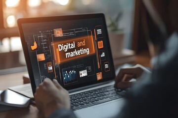 A person working on a laptop, viewing a modern interface with digital marketing elements such as data analytics, social media, and security icons. The display highlights "Digital and Marketing