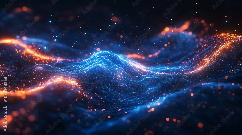 Leinwandbilder a vibrant blend of blue and orange swirling particles, creating a dynamic, abstract wave-like effect