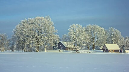 Timelapse over dam with trees shows changing of four seasons in countryside