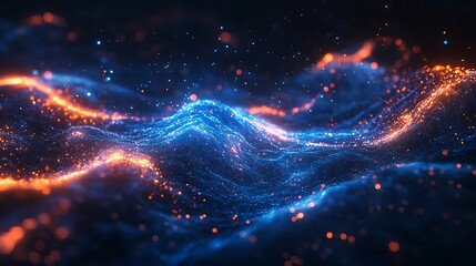 Obraz premium A vibrant blend of blue and orange swirling particles, creating a dynamic, abstract wave-like effect infused with energy and movement.