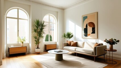Fototapeta premium Elegant minimalist living room, mid-century modern sofa, abstract geometric artwork, large arched windows, natural light, hardwood floors, potted palm plant, round coffee table, bright white walls, hi