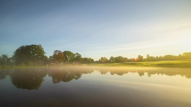 Time-lapse of changing four seasons in a year with view over dam on remote farm