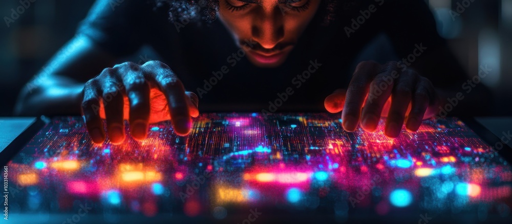 Poster a person interacts with a colorful digital display, exploring data or technology.