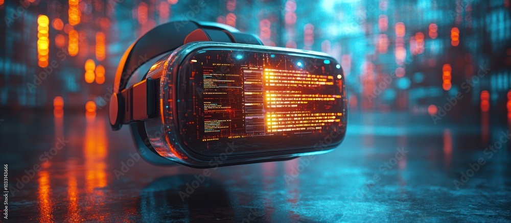 Poster a futuristic virtual reality headset with glowing data displays in a digital environment.