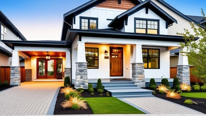 Modern suburban home exterior, craftsman-style architecture, wooden front door, stone columns, white siding, black framed windows, covered porch, landscaped front yard, paver driveway, warm lighting, 