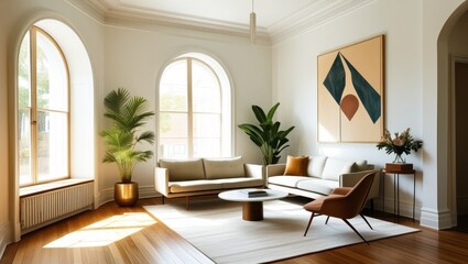 Fototapeta premium Elegant minimalist living room, mid-century modern sofa, abstract geometric artwork, large arched windows, natural light, hardwood floors, potted palm plant, round coffee table, bright white walls, hi