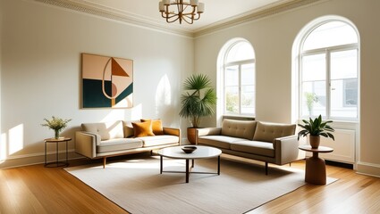 Fototapeta premium Elegant minimalist living room, mid-century modern sofa, abstract geometric artwork, large arched windows, natural light, hardwood floors, potted palm plant, round coffee table, bright white walls, hi