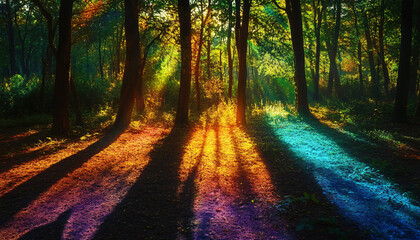 Fototapeta premium A forest where the trees and plants cast multi-colored shadows that ripple and shimmer with movement