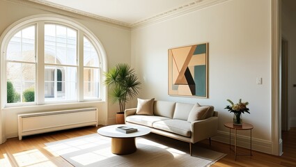 Fototapeta premium Elegant minimalist living room, mid-century modern sofa, abstract geometric artwork, large arched windows, natural light, hardwood floors, potted palm plant, round coffee table, bright white walls, hi