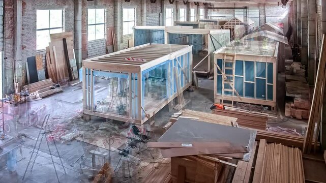 Prefabrication Of Wooden Modular House In Manufacturing Industry. timelapse