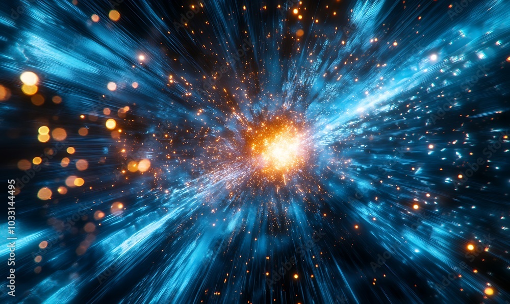 Poster A cosmic explosion of light and color, with bluish streaks and golden particles, simulating the vastness and energy of space.