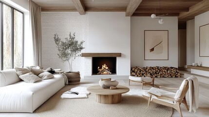 Fototapeta premium Cozy minimalist living room, white brick fireplace, neutral color palette, large windows, natural light, wooden accents, potted plant, round coffee table, textured rug, modern furniture, Scandinavian 
