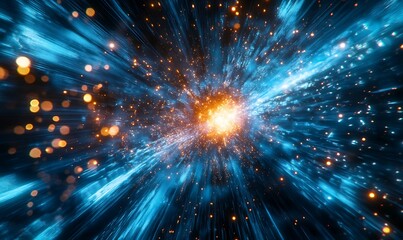 Obraz premium A cosmic explosion of light and color, with bluish streaks and golden particles, simulating the vastness and energy of space.