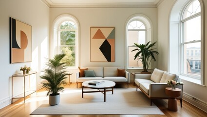 Elegant minimalist living room, mid-century modern sofa, abstract geometric artwork, large arched windows, natural light, hardwood floors, potted palm plant, round coffee table, bright white walls, hi