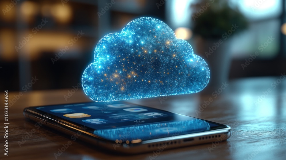 Poster a smartphone with a glowing cloud symbolizing digital storage and connectivity.