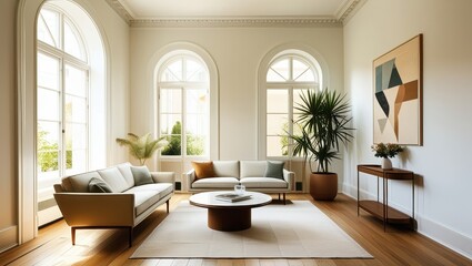 Fototapeta premium Elegant minimalist living room, mid-century modern sofa, abstract geometric artwork, large arched windows, natural light, hardwood floors, potted palm plant, round coffee table, bright white walls, hi