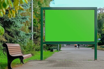 vertical blank green screen billboard mock up at a park bench
