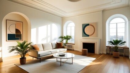 Elegant minimalist living room, mid-century modern sofa, abstract geometric artwork, large arched windows, natural light, hardwood floors, potted palm plant, round coffee table, bright white walls, hi