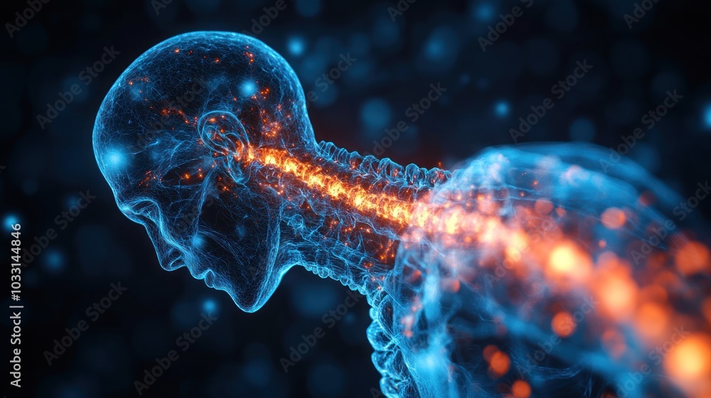 Poster a digital representation of a human spine and nervous system illuminated with glowing elements.