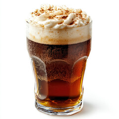 A frothy beverage served in a clear glass, topped with whipped cream and a sprinkle of cinnamon.