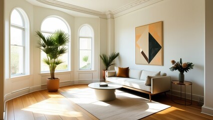 Fototapeta premium Elegant minimalist living room, mid-century modern sofa, abstract geometric artwork, large arched windows, natural light, hardwood floors, potted palm plant, round coffee table, bright white walls, hi