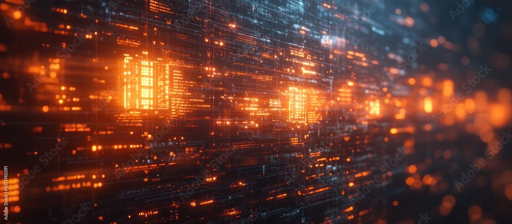 Poster a digital abstract representation of interconnected data streams in vibrant orange hues.