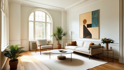 Fototapeta premium Elegant minimalist living room, mid-century modern sofa, abstract geometric artwork, large arched windows, natural light, hardwood floors, potted palm plant, round coffee table, bright white walls, hi