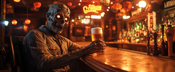 a zombie sitting at a bar, holding a beer in its hand. Halloween decorations surround the scene, which takes place at night.