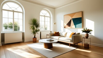 Fototapeta premium Elegant minimalist living room, mid-century modern sofa, abstract geometric artwork, large arched windows, natural light, hardwood floors, potted palm plant, round coffee table, bright white walls, hi