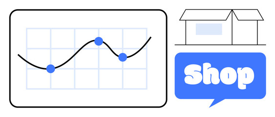 Graph with trend line and data points. Next to it, a shop icon with speech bubble. Ideal for e-commerce, sales, marketing, data analysis, business presentations. Clean, modern, minimal style