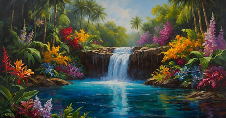 Tropical paradise, waterfall cascading into a serene pool and surrounded by lush vegetation.