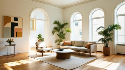 Fototapeta premium Elegant minimalist living room, mid-century modern sofa, abstract geometric artwork, large arched windows, natural light, hardwood floors, potted palm plant, round coffee table, bright white walls, hi