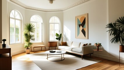 Fototapeta premium Elegant minimalist living room, mid-century modern sofa, abstract geometric artwork, large arched windows, natural light, hardwood floors, potted palm plant, round coffee table, bright white walls, hi