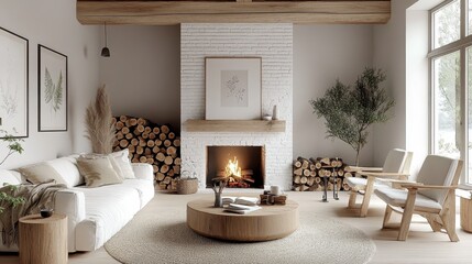 Cozy minimalist living room, white brick fireplace, neutral color palette, large windows, natural light, wooden accents, potted plant, round coffee table, textured rug, modern furniture, Scandinavian 