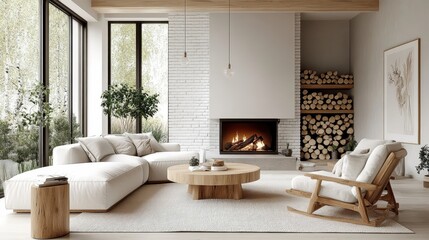Cozy minimalist living room, white brick fireplace, neutral color palette, large windows, natural light, wooden accents, potted plant, round coffee table, textured rug, modern furniture, Scandinavian 