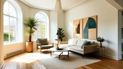 Elegant minimalist living room, mid-century modern sofa, abstract geometric artwork, large arched windows, natural light, hardwood floors, potted palm plant, round coffee table, bright white walls, hi
