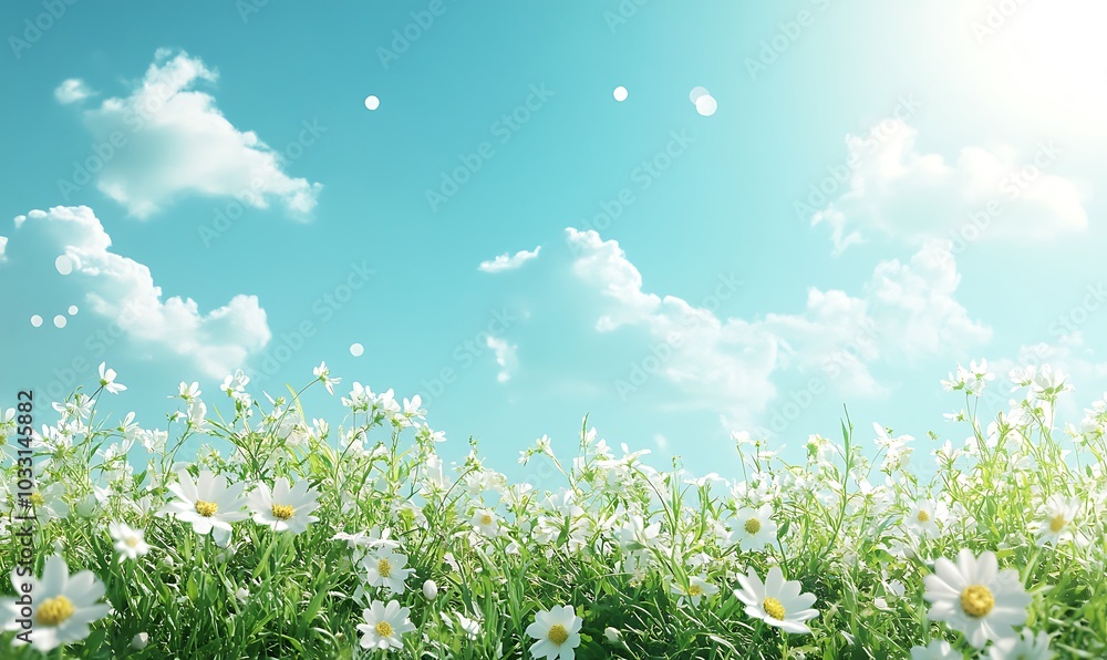 Aufkleber a serene landscape featuring a field of daisies under a bright blue sky with fluffy clouds, creating