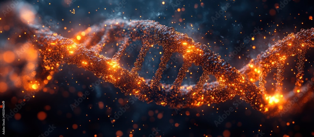 Poster a digital representation of a dna double helix glowing with particles and light effects.
