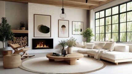 Fototapeta premium Cozy minimalist living room, white brick fireplace, neutral color palette, large windows, natural light, wooden accents, potted plant, round coffee table, textured rug, modern furniture, Scandinavian 