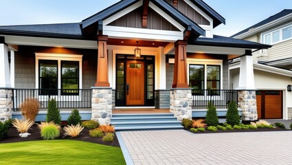 Modern suburban home exterior, craftsman-style architecture, wooden front door, stone columns, white siding, black framed windows, covered porch, landscaped front yard, paver driveway, warm lighting, 