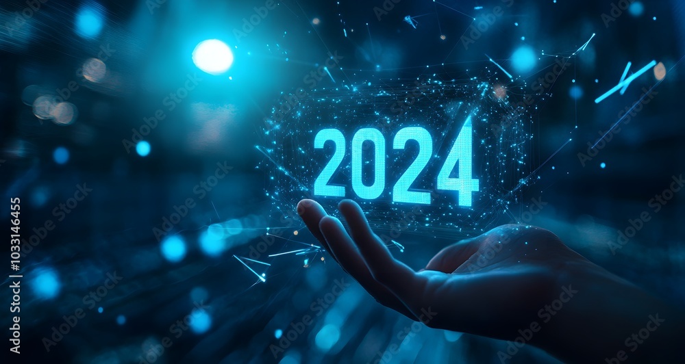 Poster a hand holding a hologram of the numbers 2024 with arrows pointing upward and a blue glow in the bac