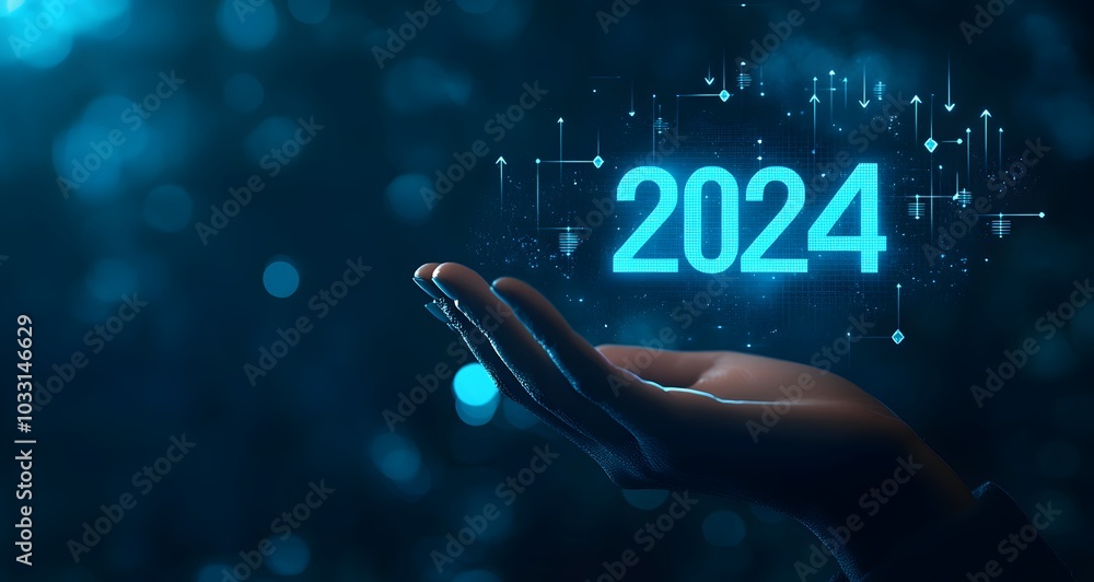 Poster a hand holding a hologram of the numbers 2024 with arrows pointing upward and a blue glow in the bac