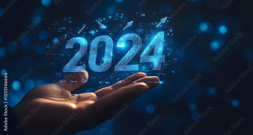 Poster a hand holding a hologram of the numbers 2024 with arrows pointing upward and a blue glow in the bac