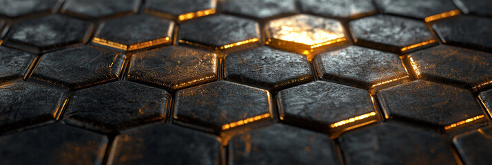 A close up of the texture of metal hexagons with golden highlights, generative AI