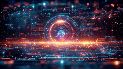 A futuristic digital landscape with glowing circuits and a central vortex.