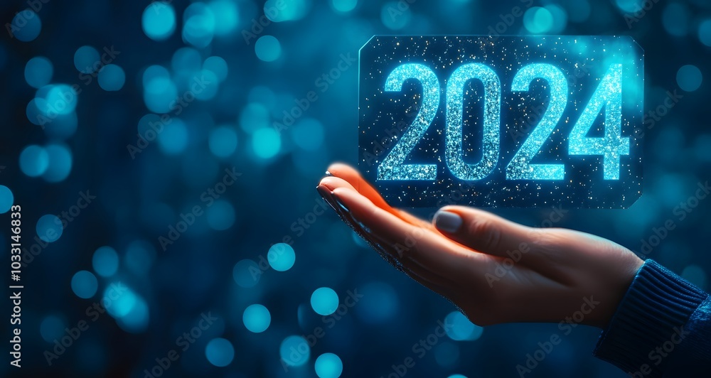 Poster a hand holding a hologram of the numbers 2024 with arrows pointing upward and a blue glow in the bac