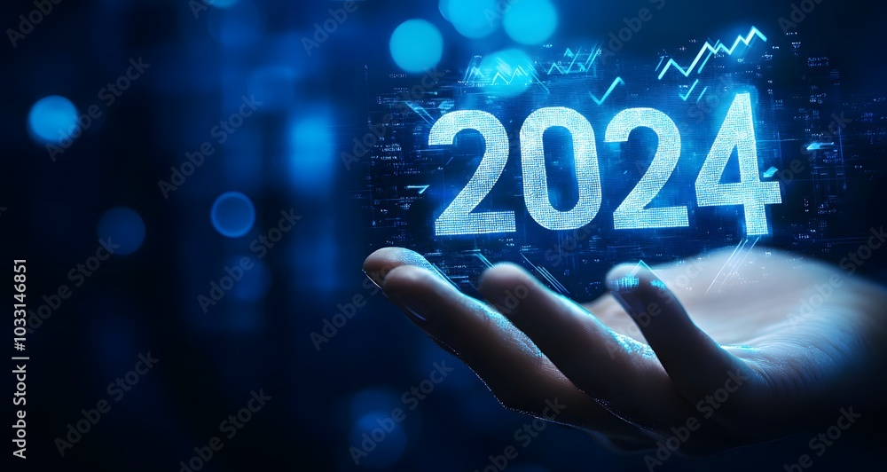 Poster a hand holding a hologram of the numbers 2024 with arrows pointing upward and a blue glow in the bac