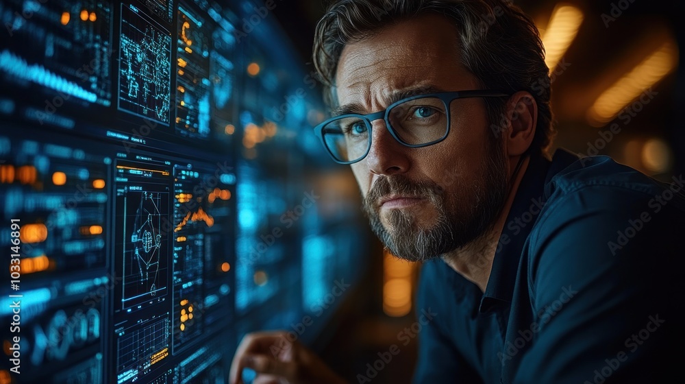 Poster a focused individual analyzing data on a futuristic screen in a tech environment.