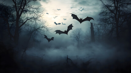 Silhouettes of bats flying in dark, spooky and foggy night, Halloween or Friday the 13th concept.